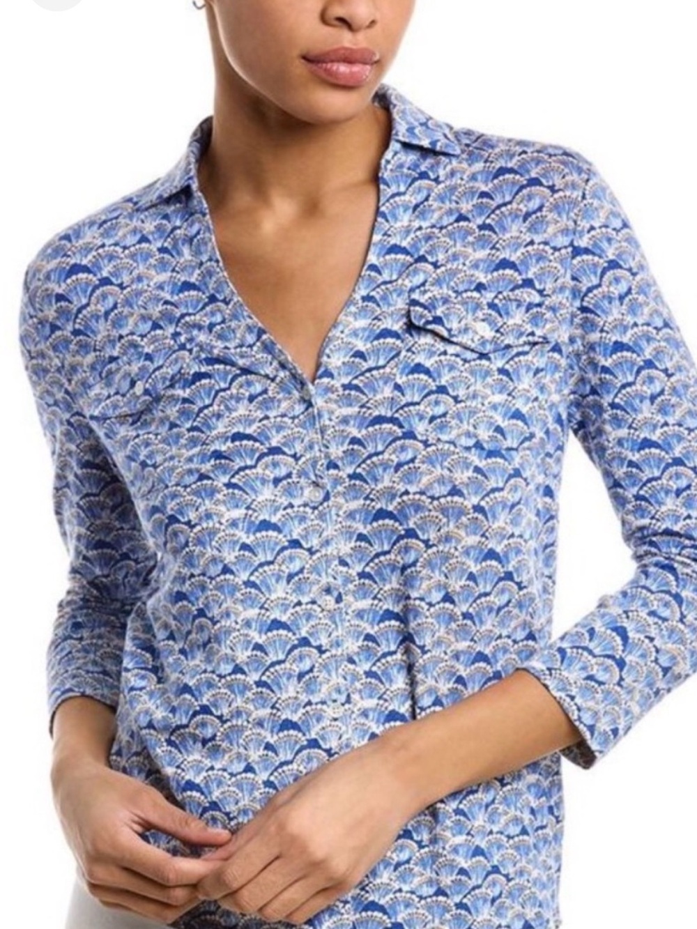 J. McLaughlin Brynn Blue Shell Coastal Chic XL Linen Blouse